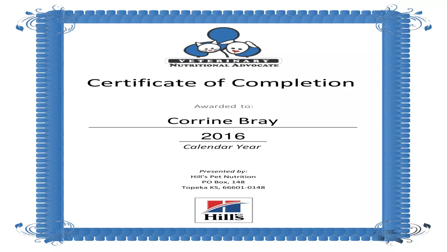 Veterinary Nutritional Advocate Certificate | Corks Critter Care